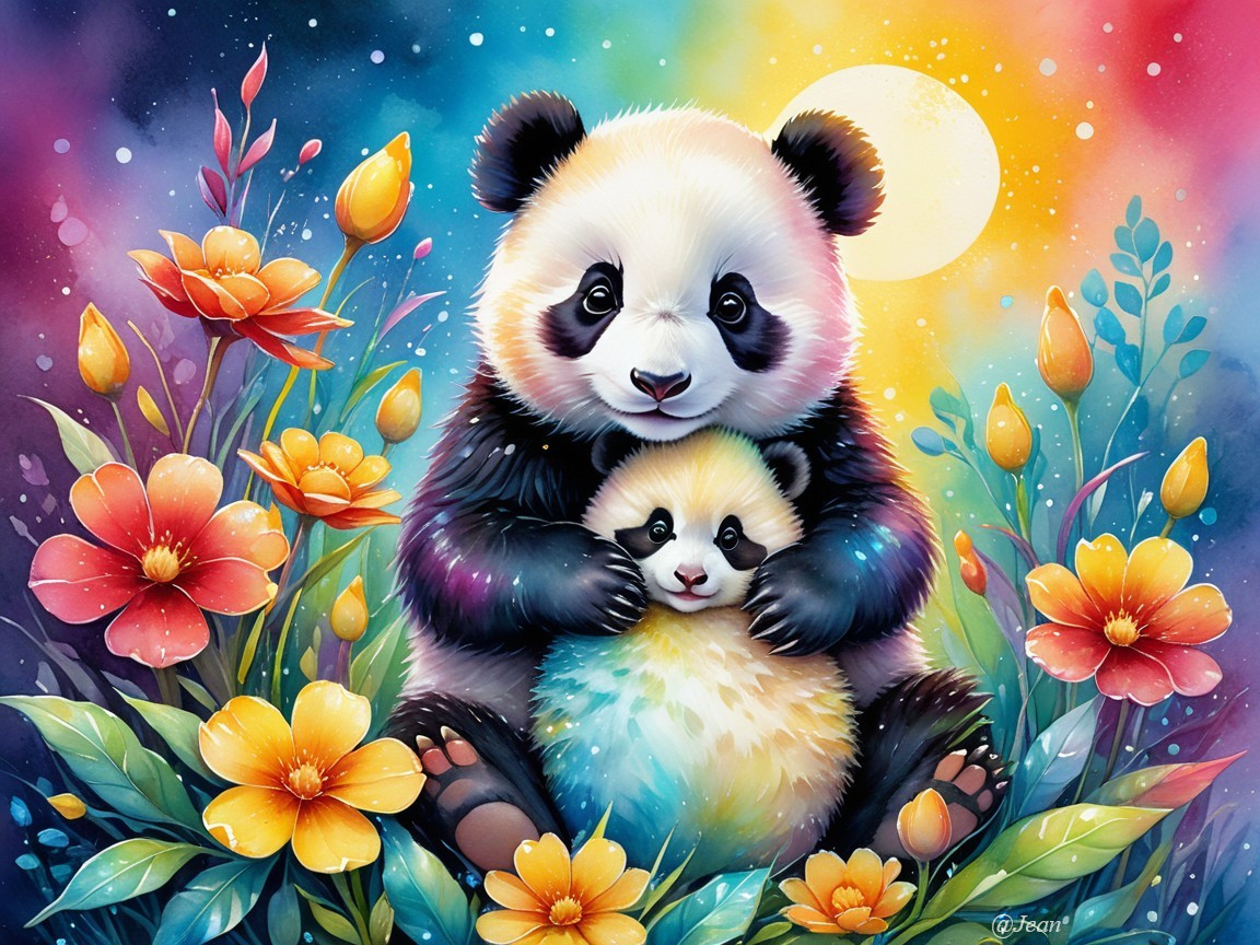 Panda and Cub Surrounded by Colorful Flowers at Night