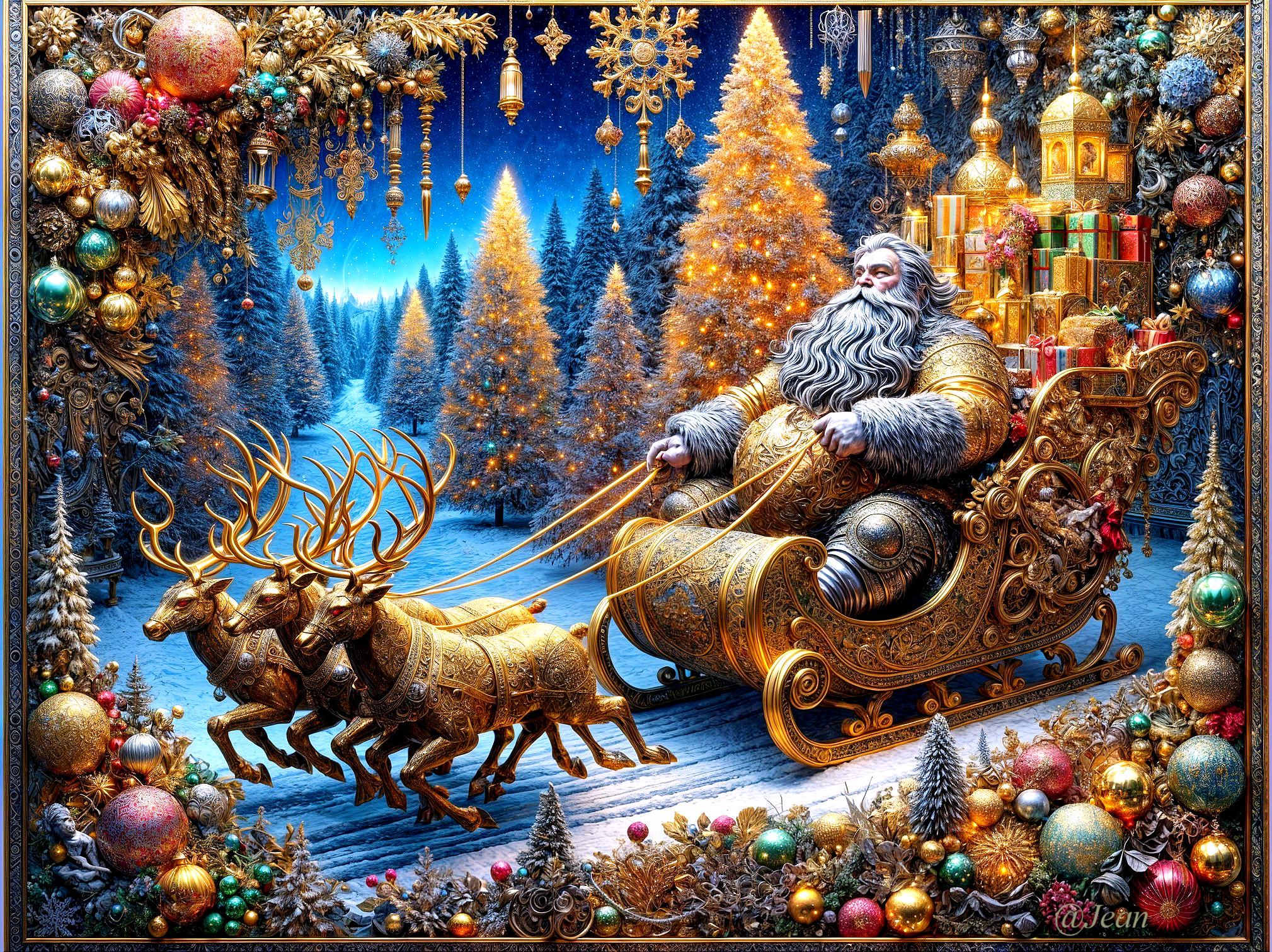 Majestic Santa Claus in Golden Sleigh with Reindeer