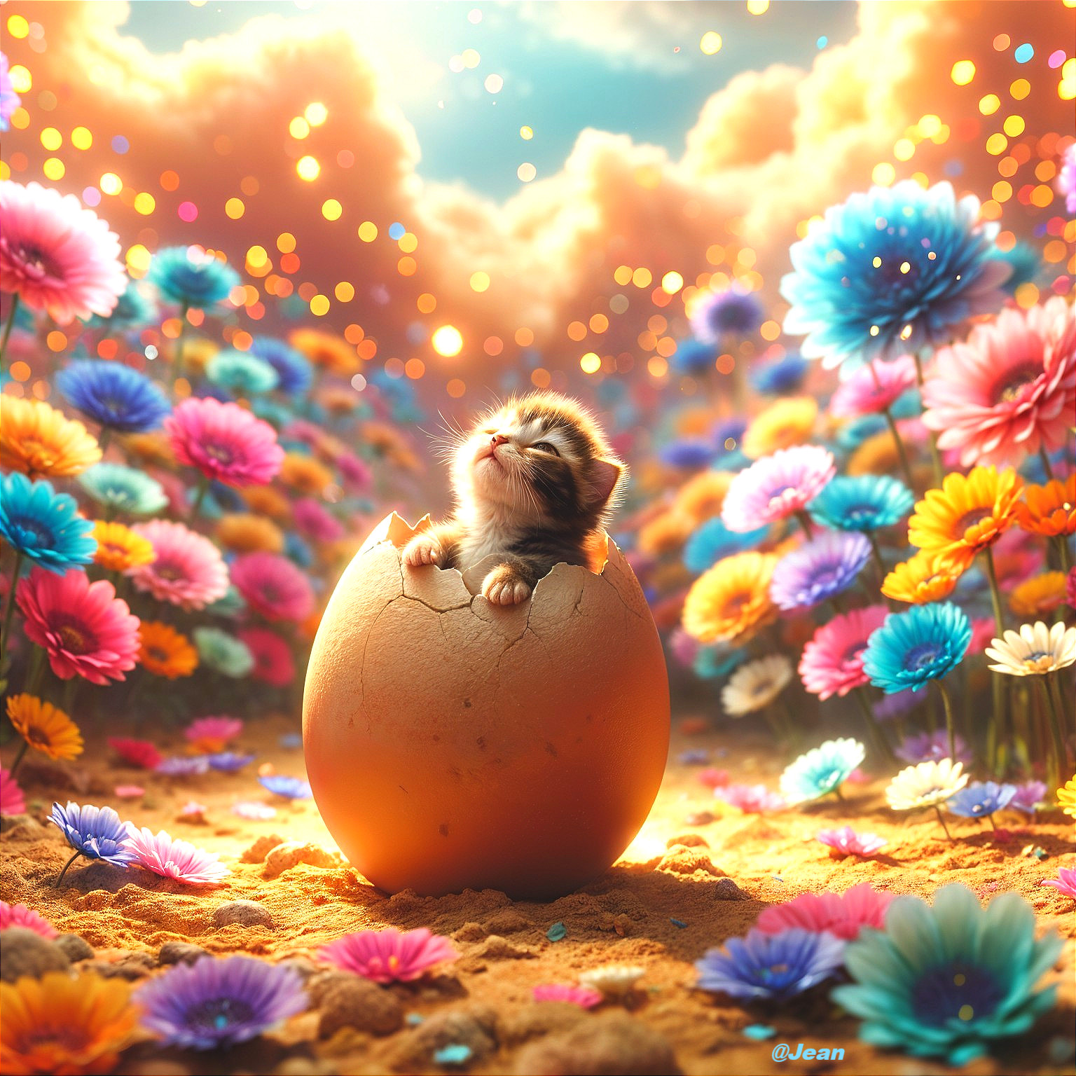 Fluffy Kitten Emerging from Eggshell in Dreamy Landscape