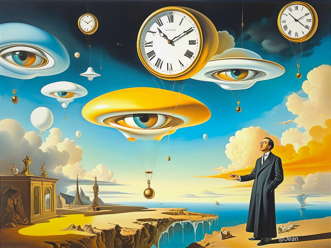 Surreal Landscape with Floating Eyes and Clocks
