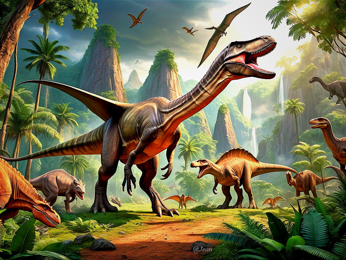 Vibrant Prehistoric Landscape with Dinosaurs and Pterosaurs