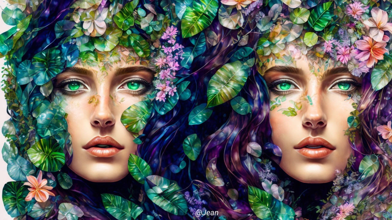 Beautiful Faces Intertwined with Lush Greenery and Flowers