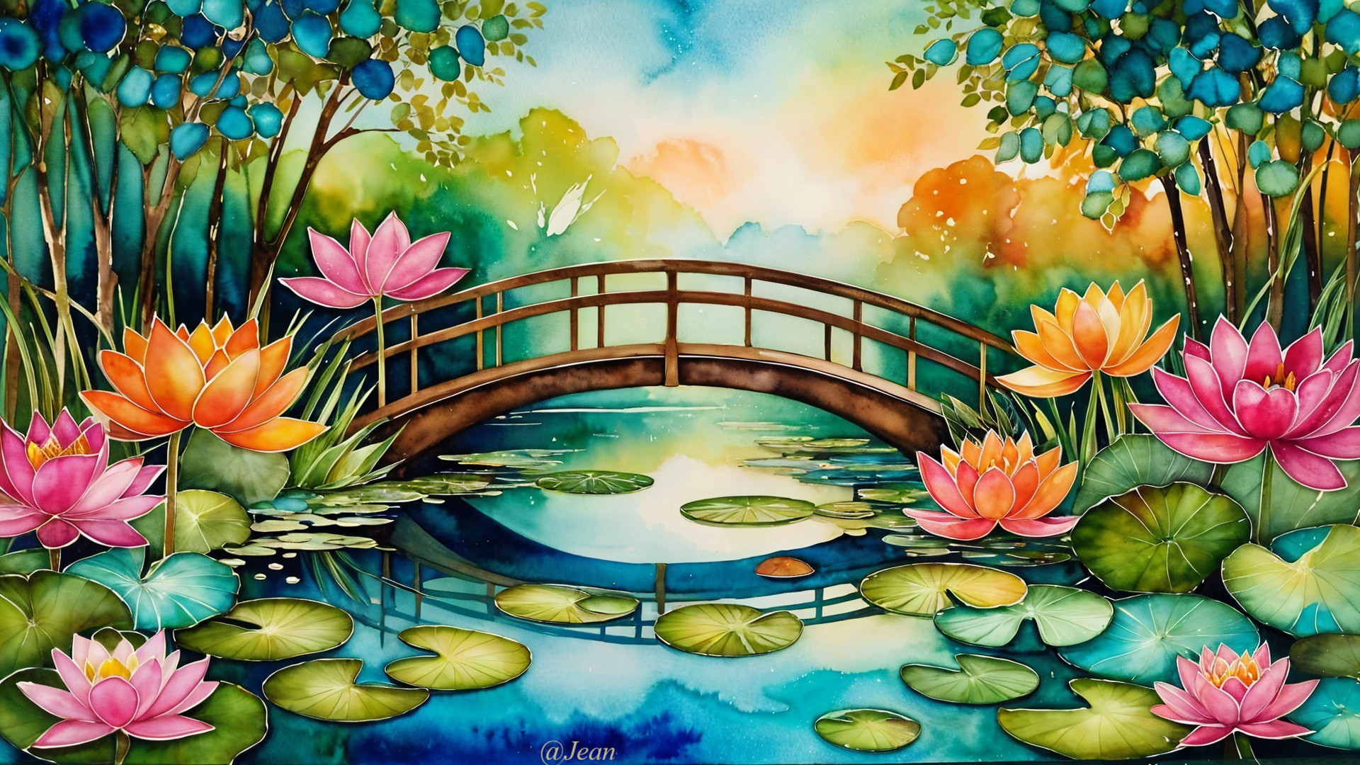 Serene Landscape with Pond and Water Lilies
