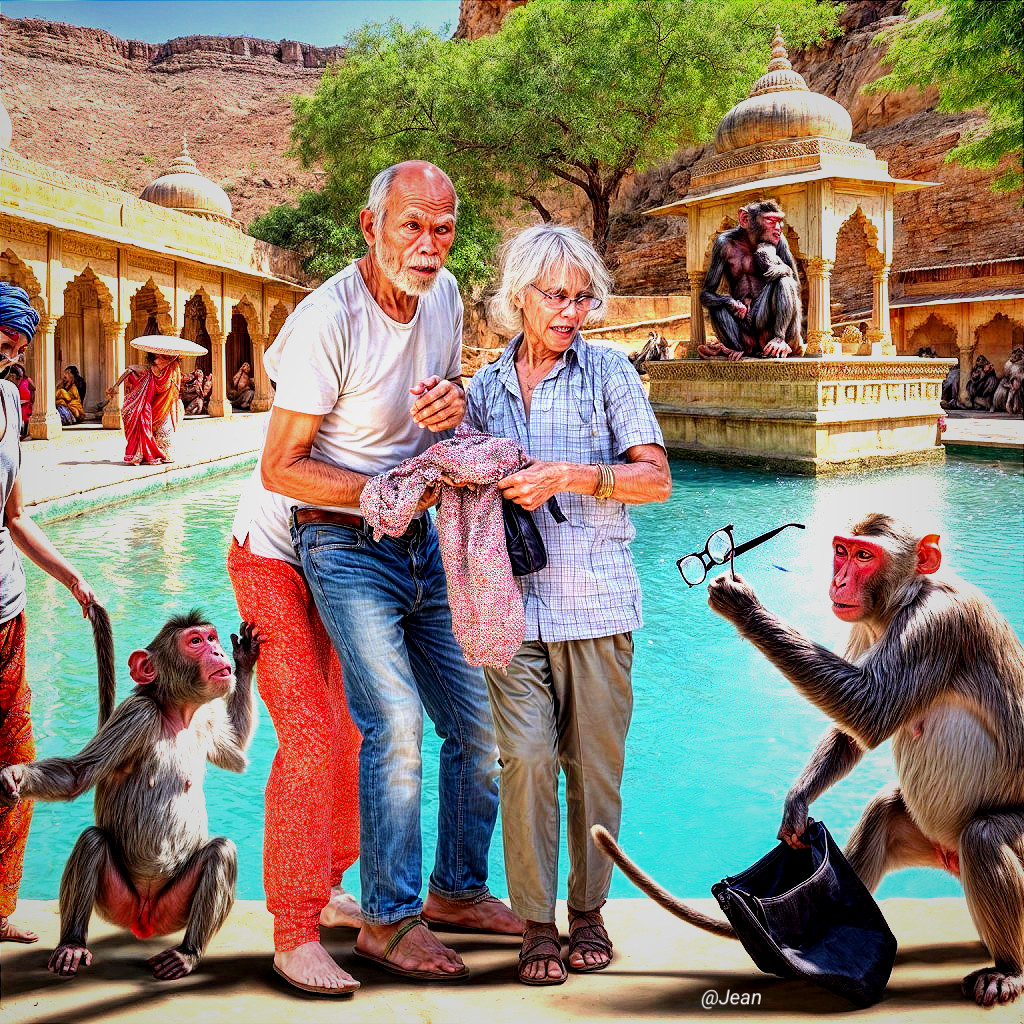 Elderly Couple Playfully Engaging with a Monkey