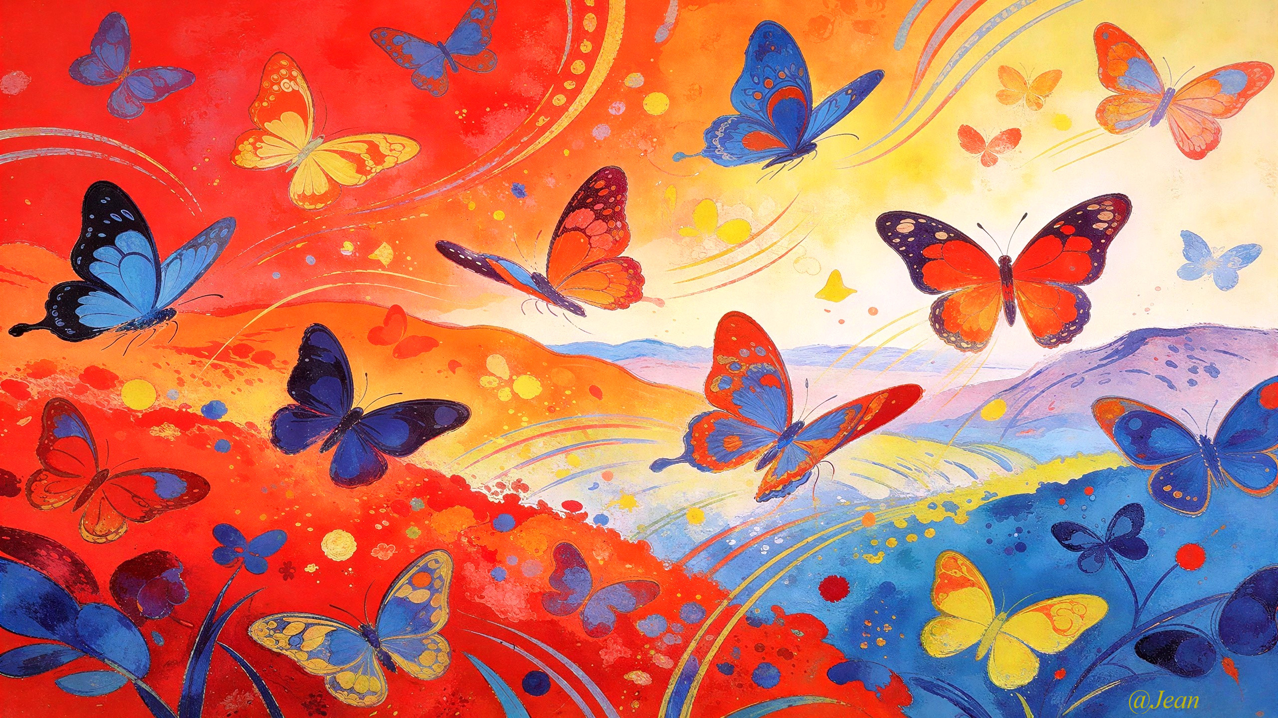 Vibrant Painting of Butterflies in Abstract Landscape