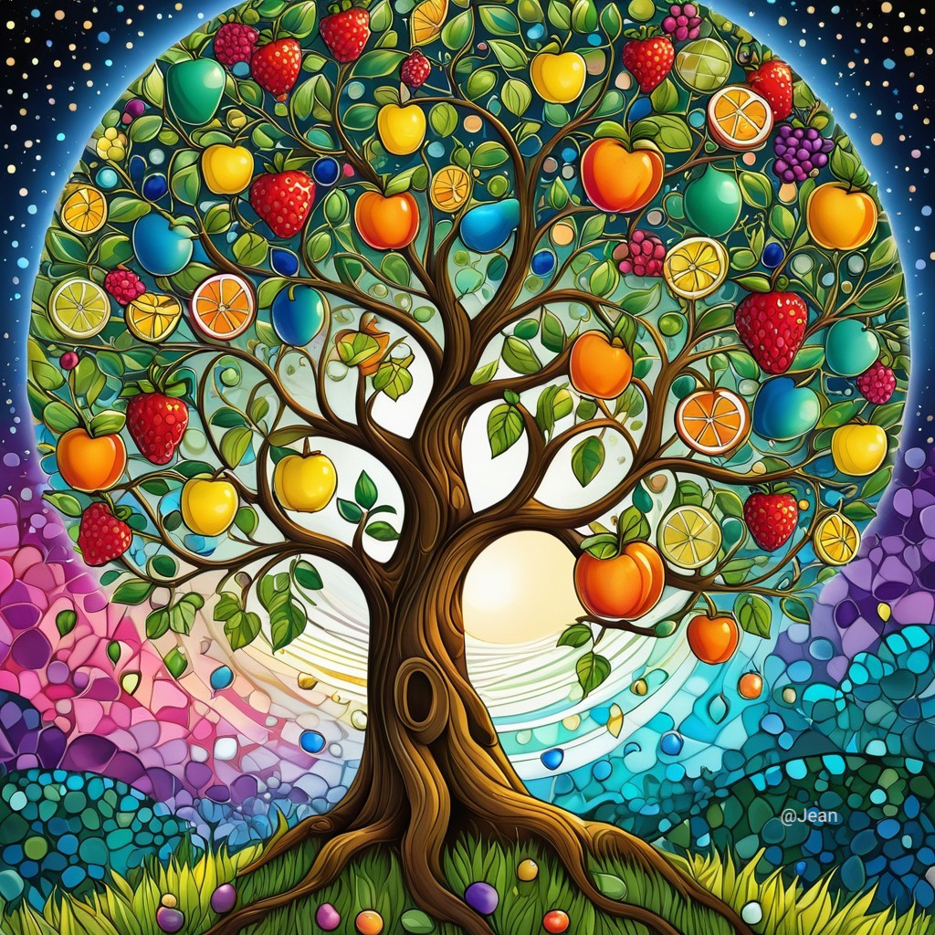 Vibrant Tree of Life with Colorful Fruits and Background