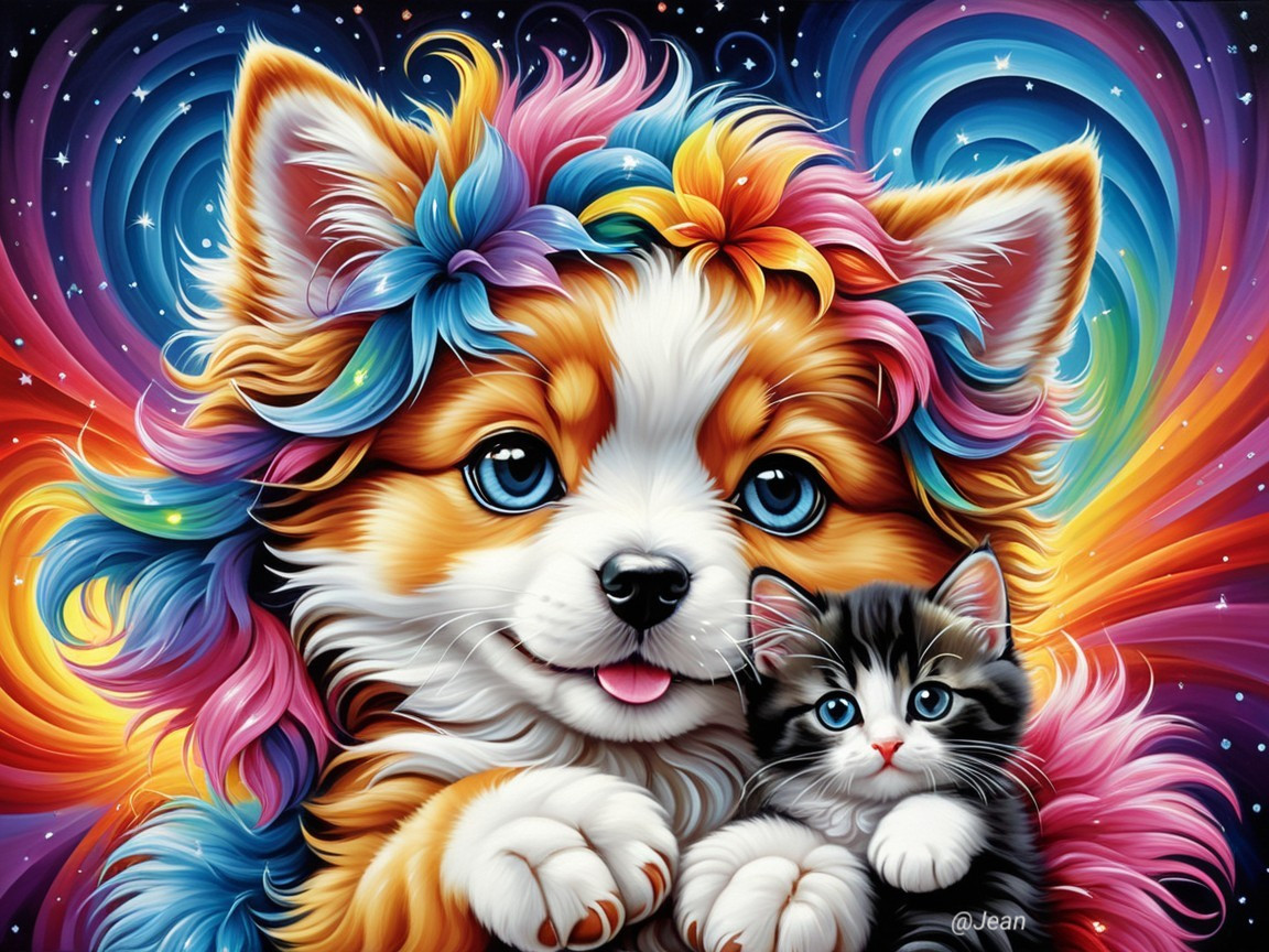 Colorful Illustration of Fluffy Dog and Kitten