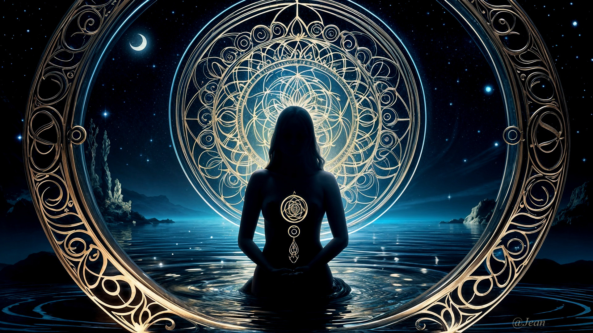 AI Art of a Girl Silhouette in Cosmic Lake Setting