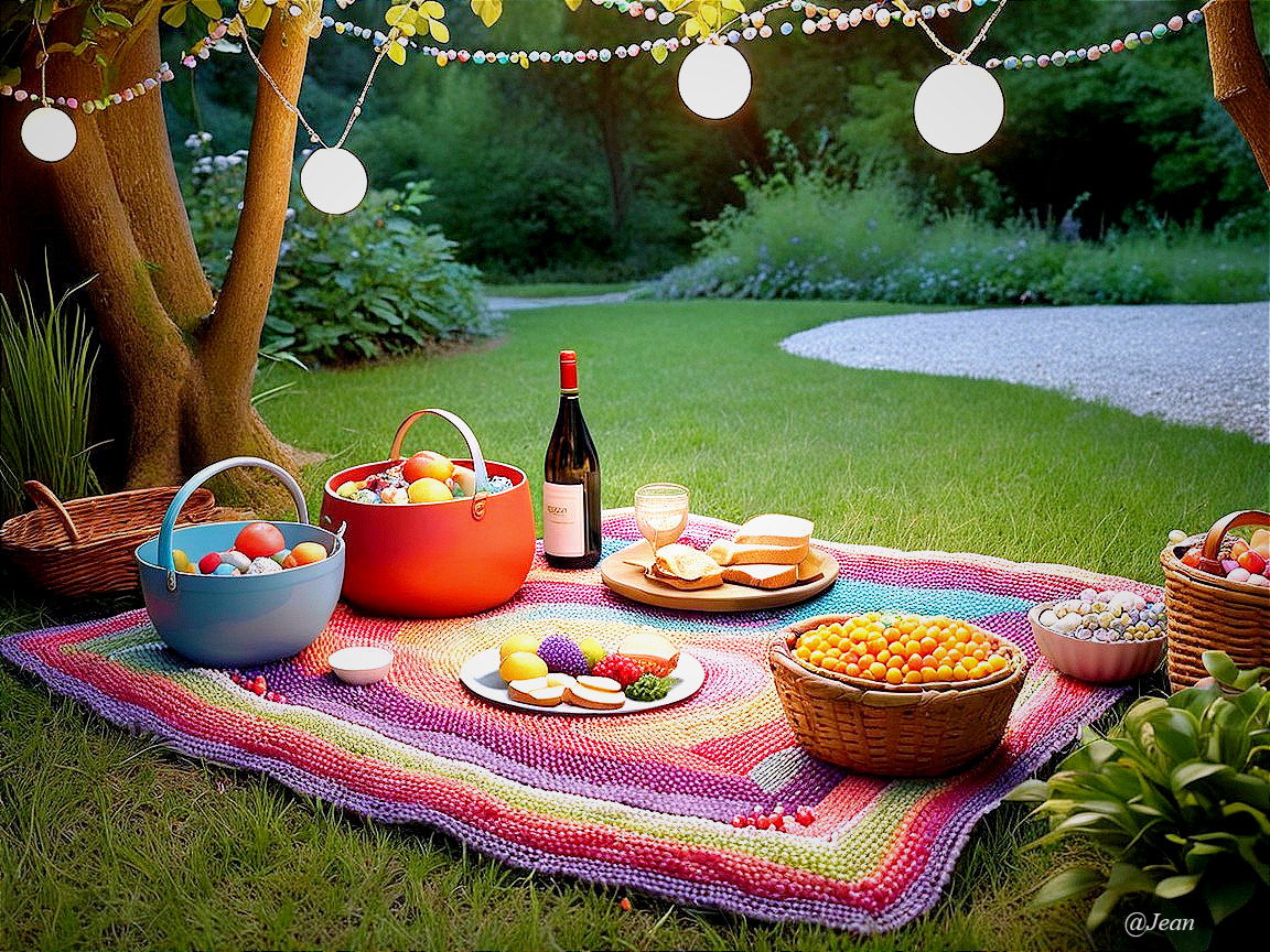 Vibrant Picnic Scene in a Lush Green Garden