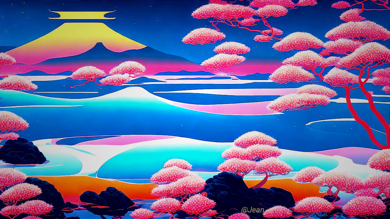 Vibrant Japanese Landscape with Fujiyama and Cherry Blossoms