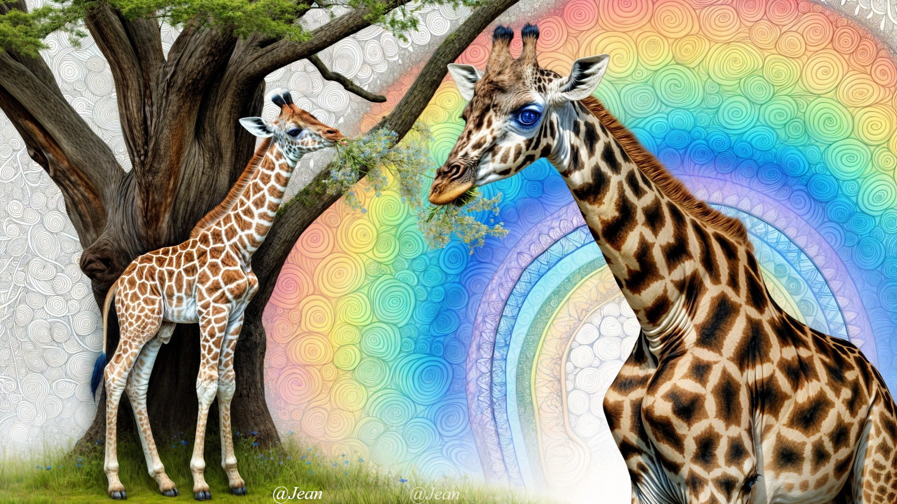 Stylized Giraffes by a Tree with Colorful Rainbow