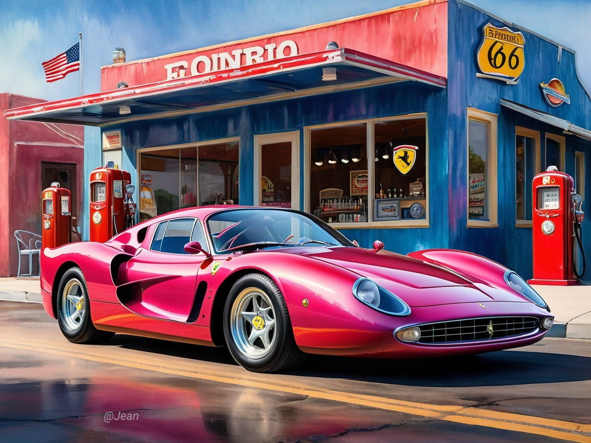Classic Pink Ferrari at Retro Gas Station Scene