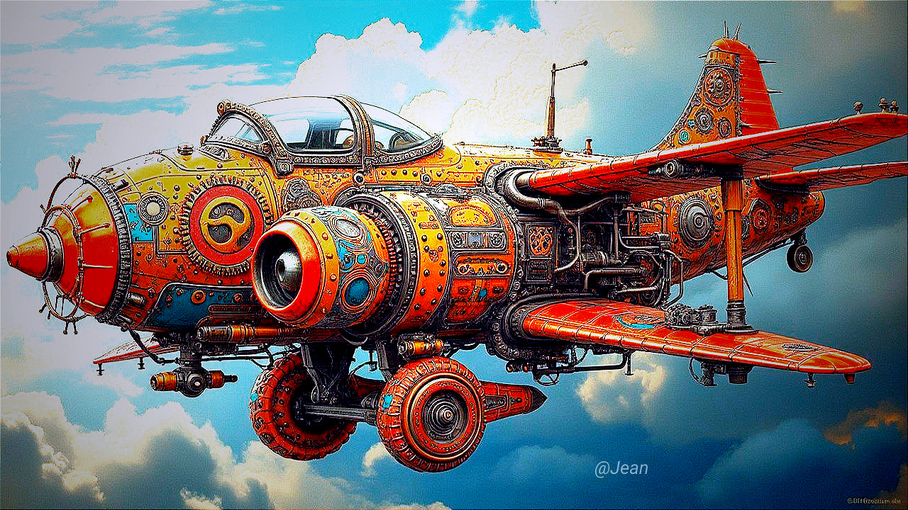Whimsical Steampunk Aircraft with Copper Gears and Clouds