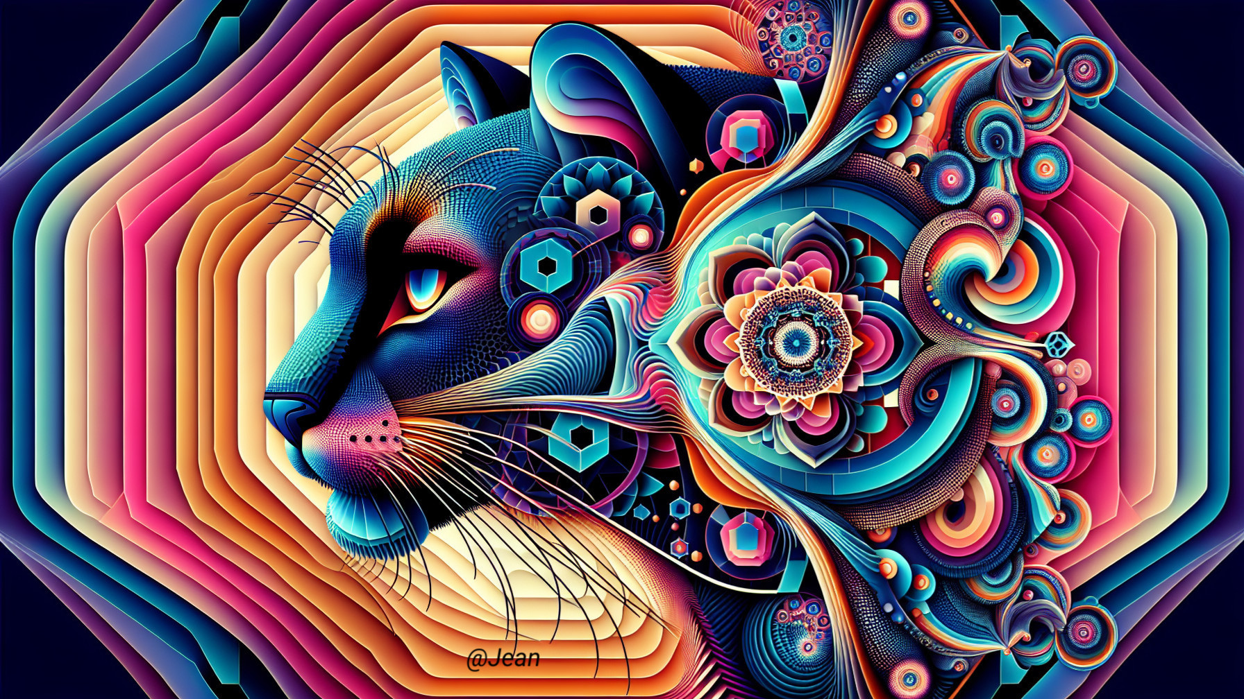 Psychedelic Cat Head with Geometric and Floral Designs