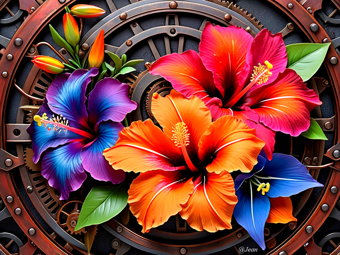 Vibrant Hibiscus Flowers on Steampunk Clock Face