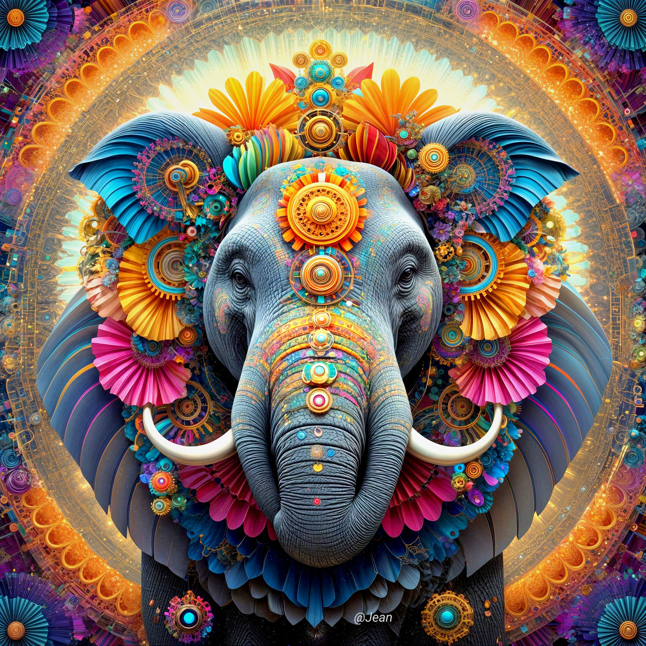 Vibrant Digital Artwork of Elephant with Floral Patterns