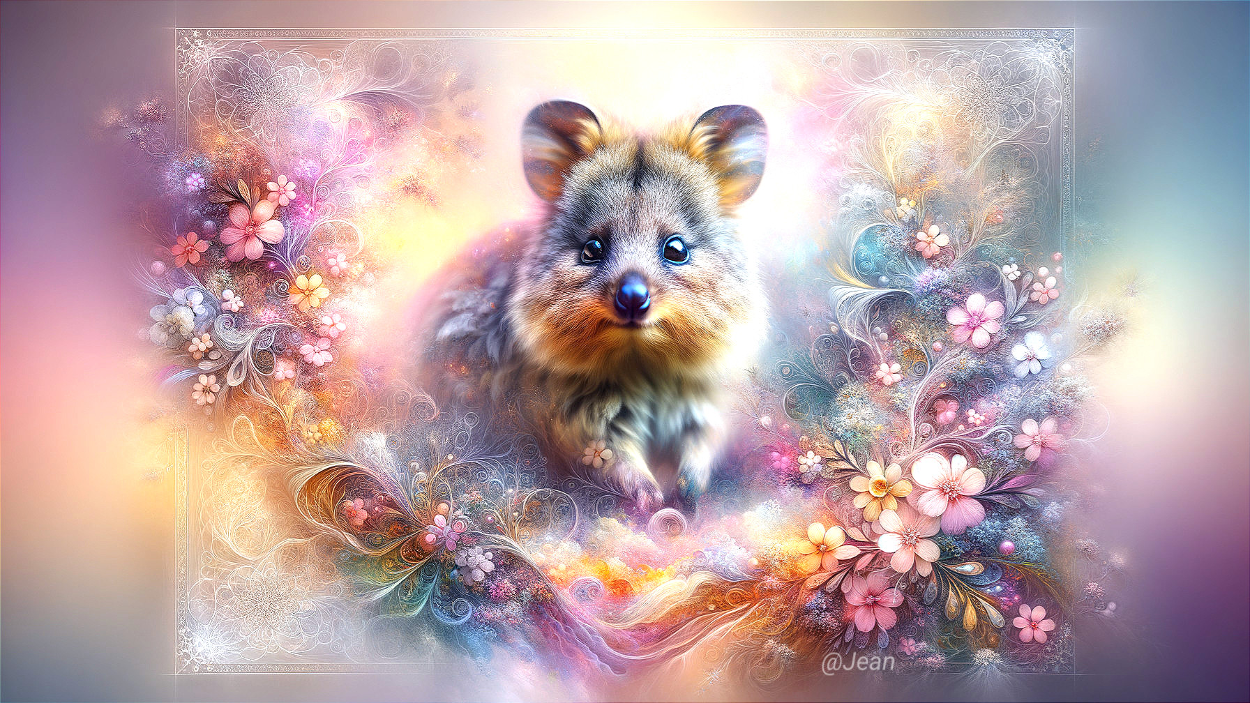 Close-up of a charming quokka with pastel flowers