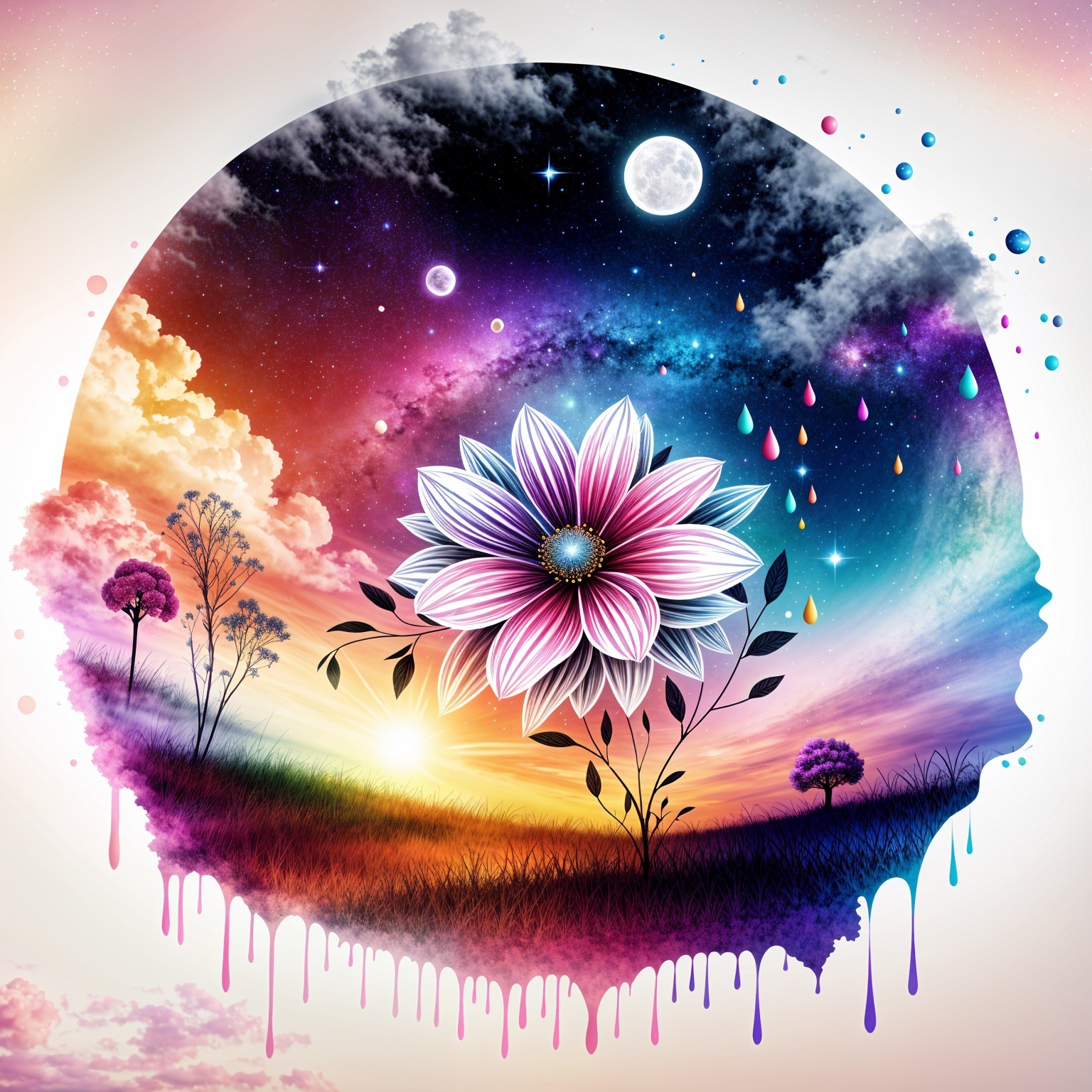 Vibrant Cosmic Landscape with Stylized Human Profile