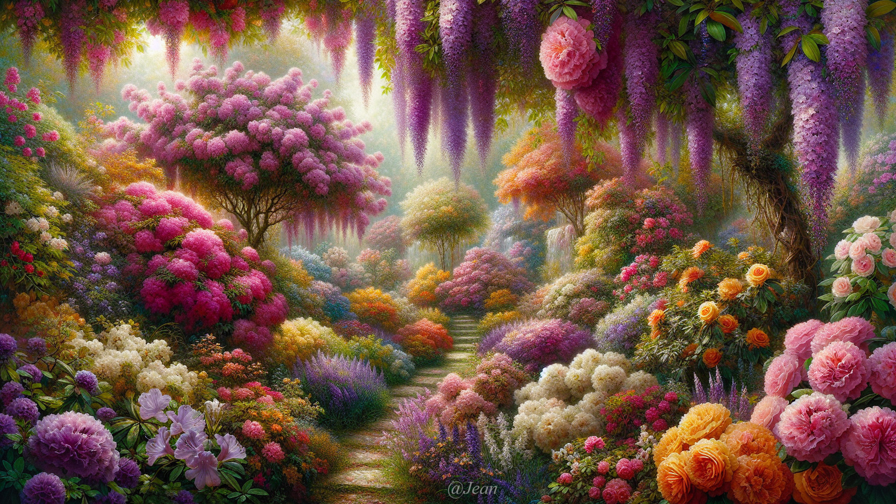 Vibrant Garden with Colorful Flowers and Lush Foliage