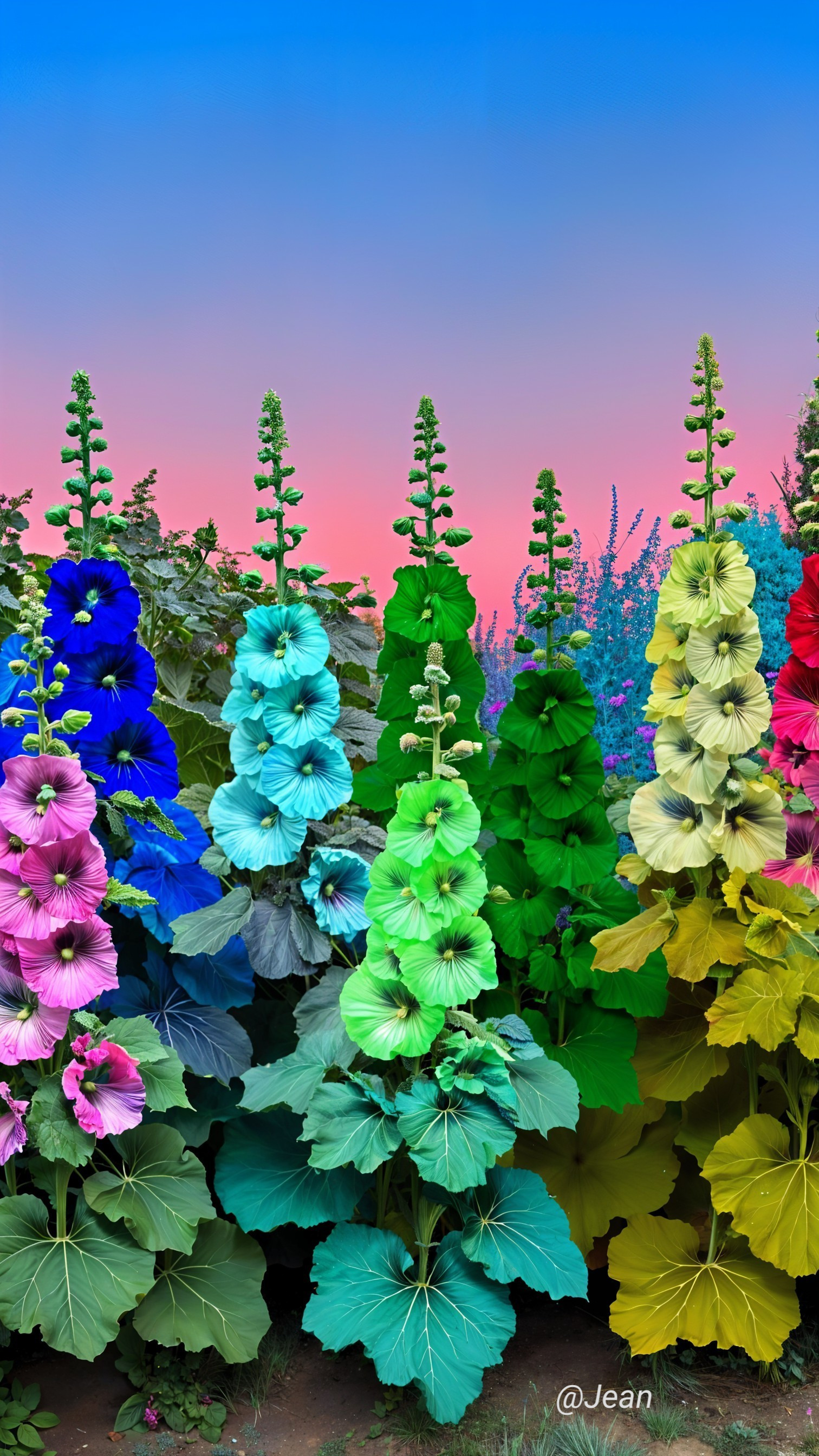 Vibrant Hollyhocks Against a Dusk Sky