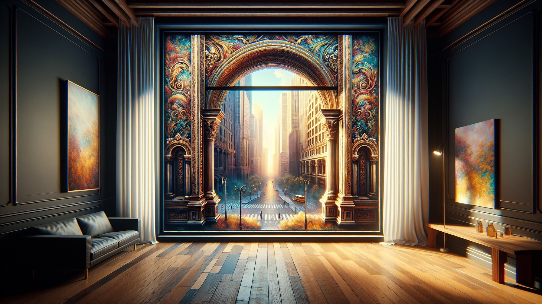 Opulent room with grand window and vibrant cityscape