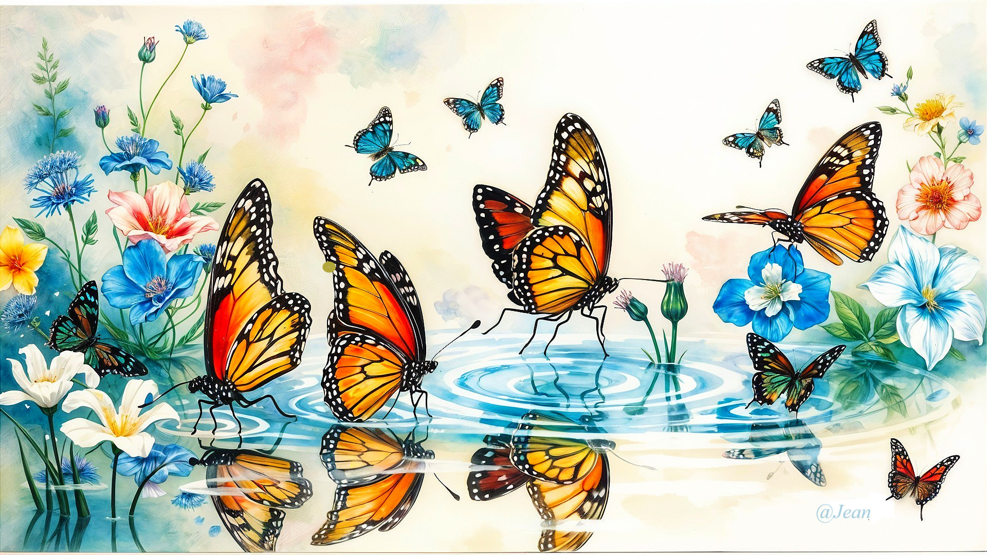 Colorful Butterflies Among Blooming Flowers and Water