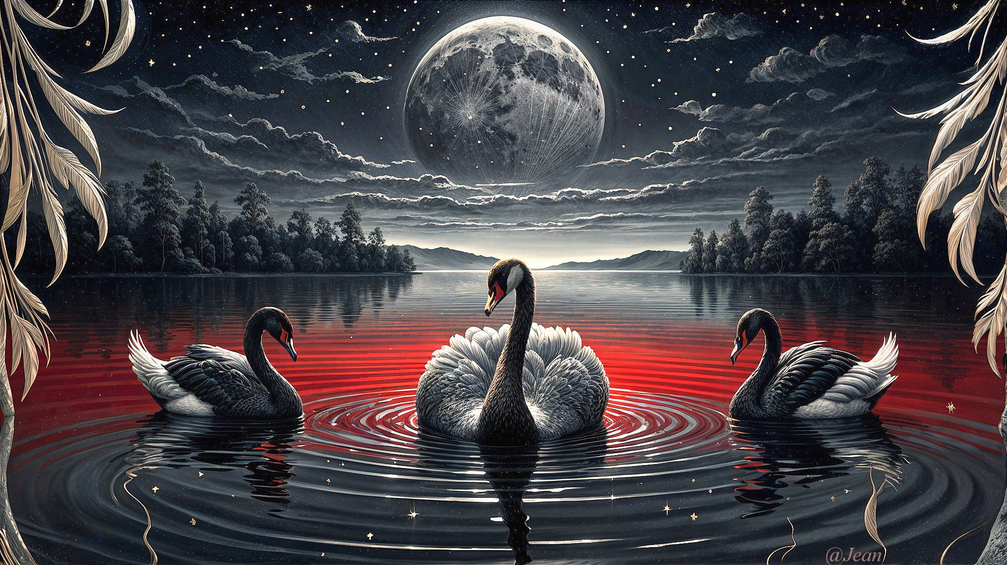 Three Swans on Reflective Red Waters at Night