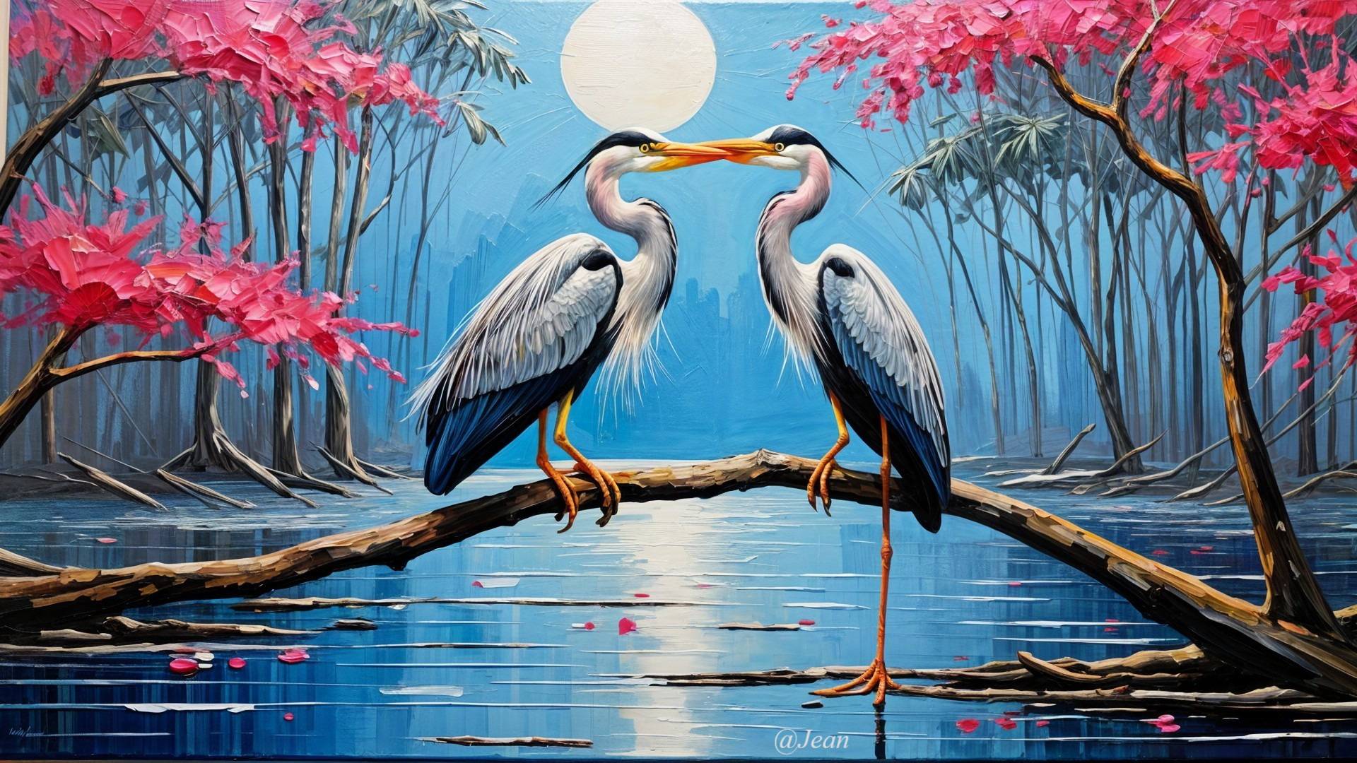 Cranes on Branch with Cherry Blossoms and Moonlight
