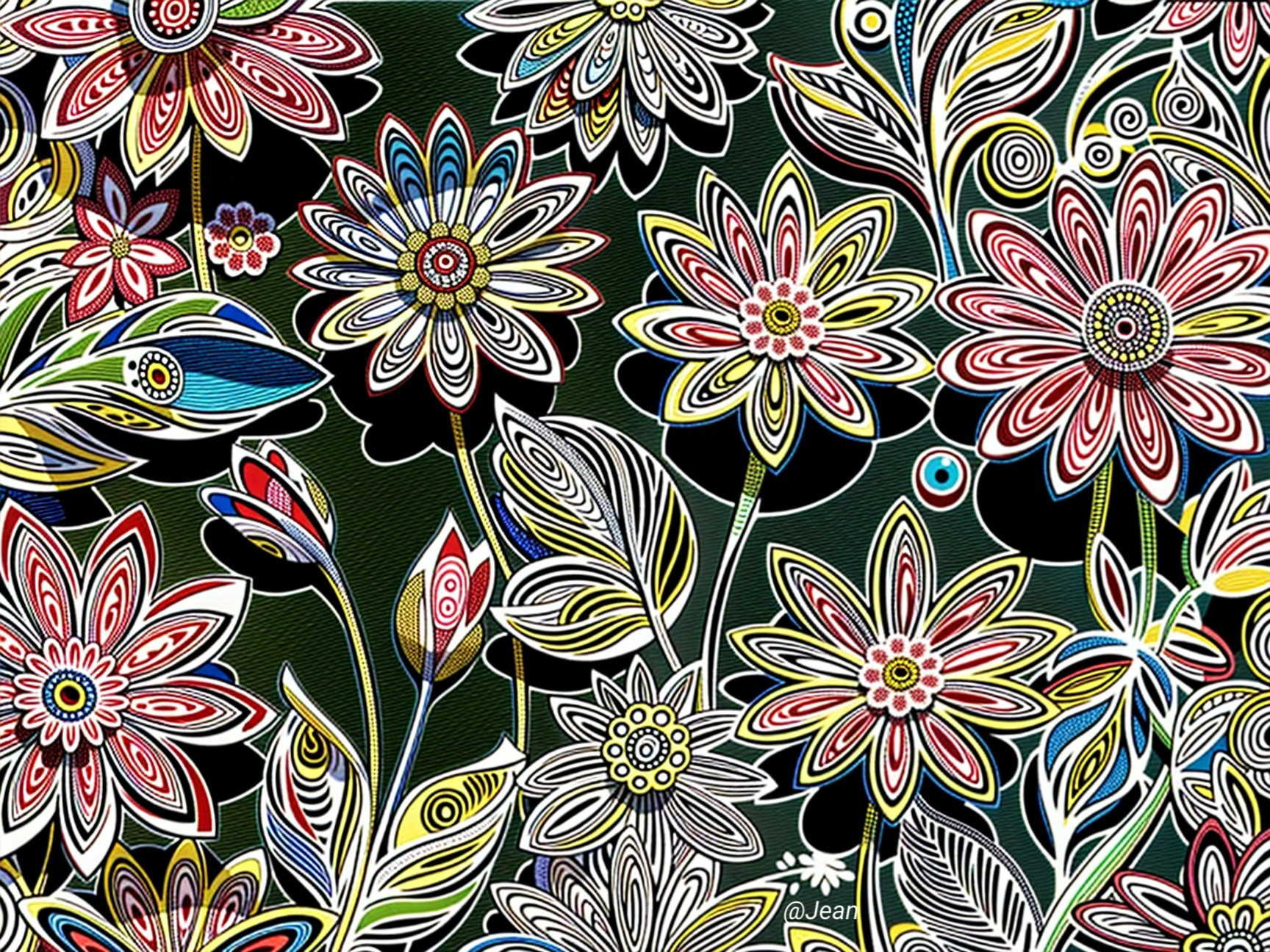 Vibrant Floral Pattern with Bold Colors on Black Background
