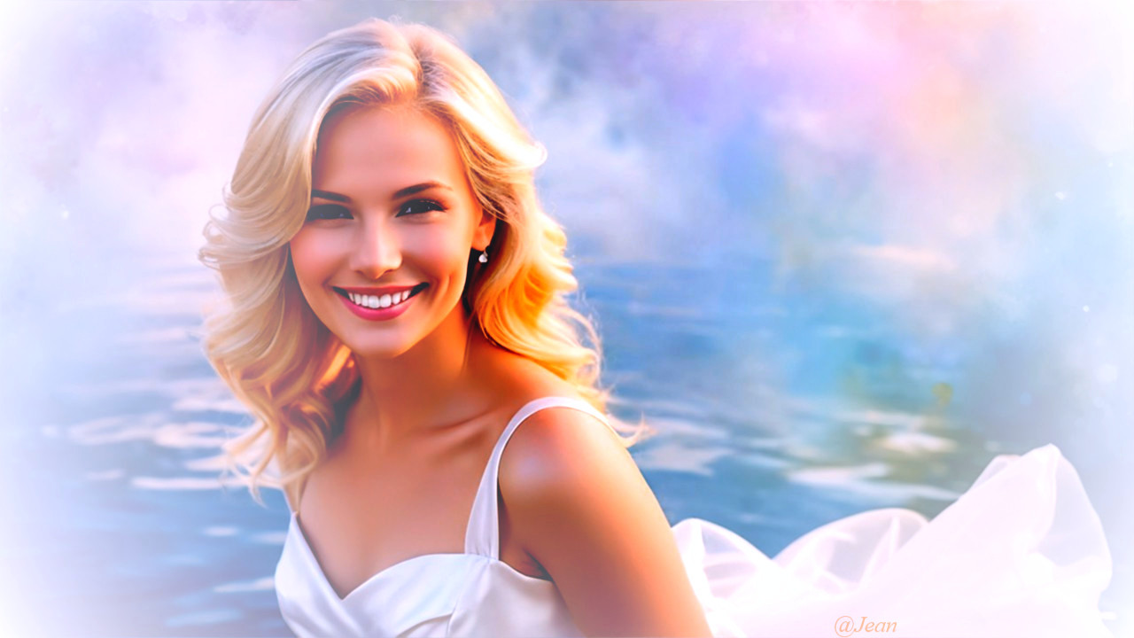 Young woman in white dress with pastel background
