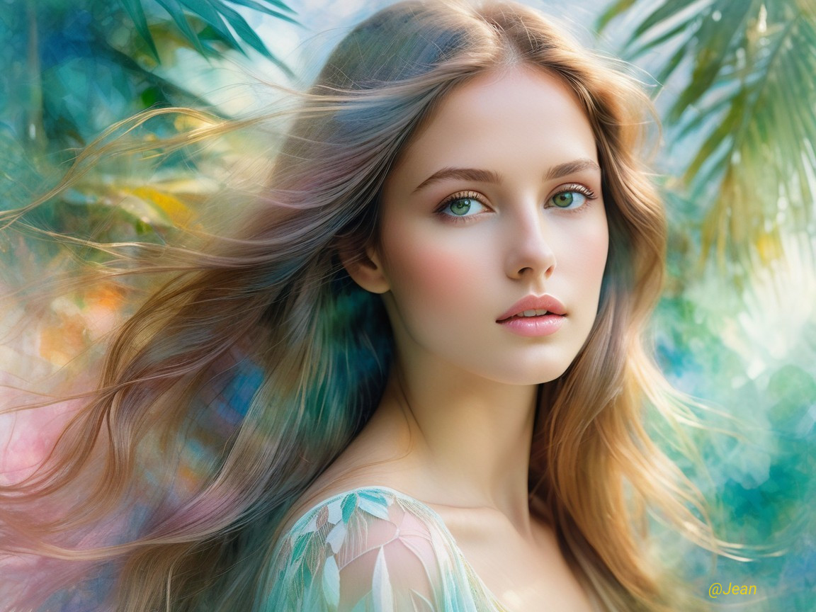Young woman in lush greenery with serene expression