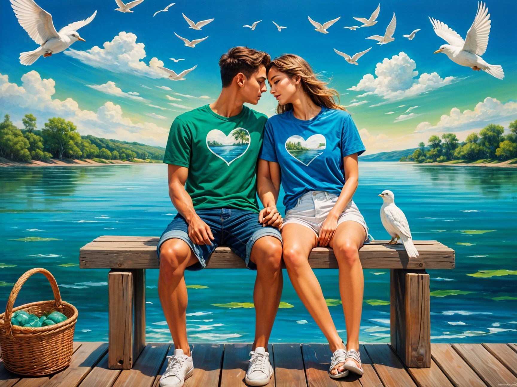 Couple on Dock by Serene Lake with Heart T-Shirts