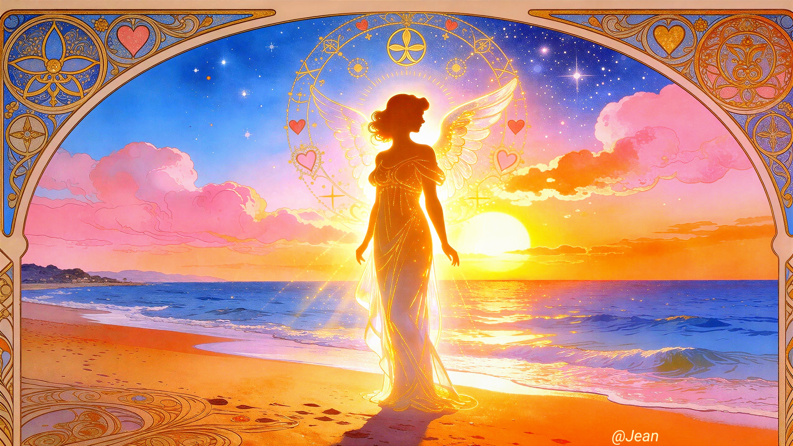 Ethereal Painting of Angelic Figure at Sunset Beach