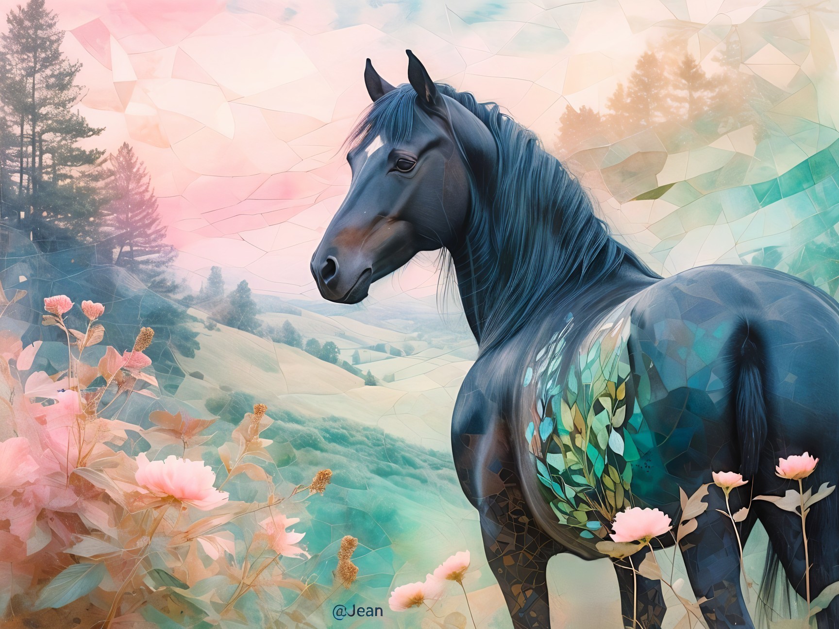 Majestic Black Horse with Floral Designs in Pastels