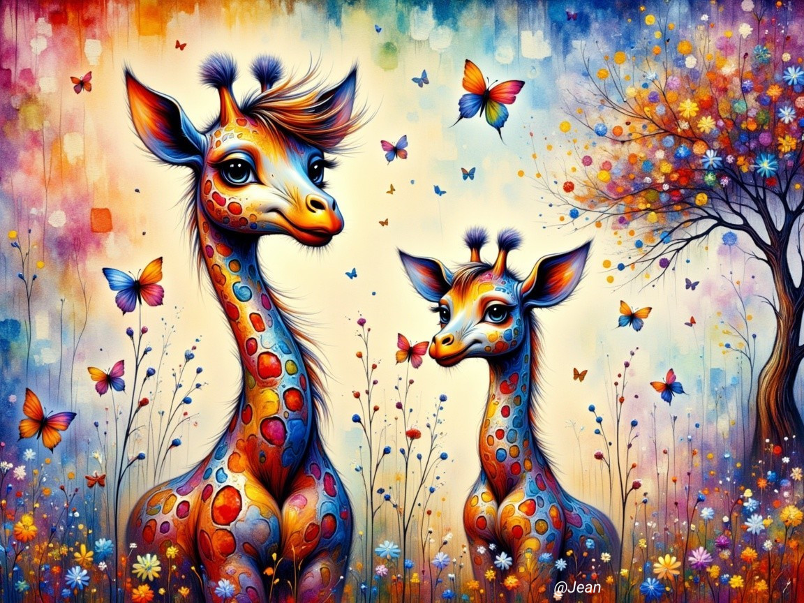 Vibrant Cartoon Giraffes in Whimsical Landscape