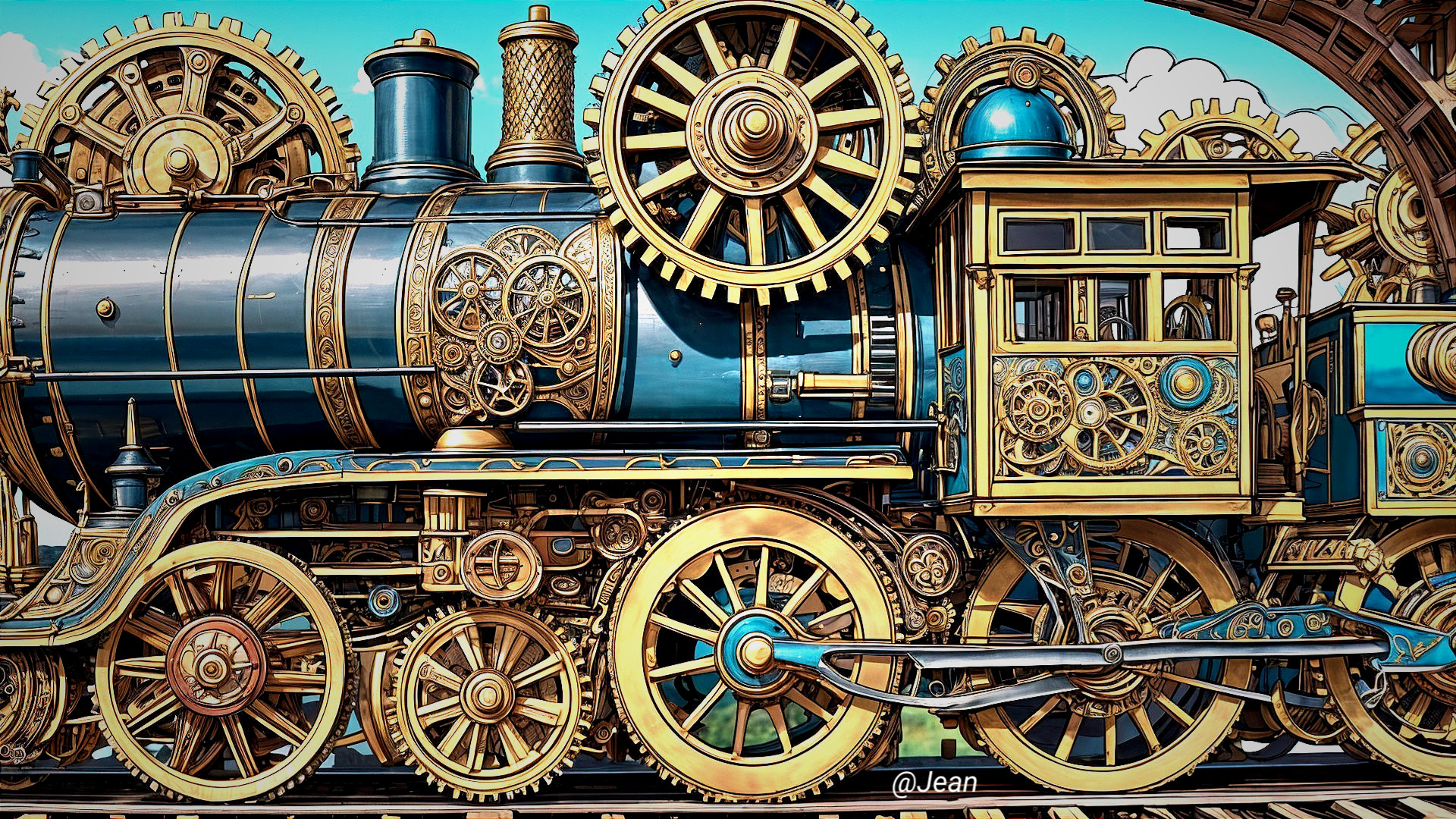 Steampunk Locomotive with Brass Gears and Blue Design