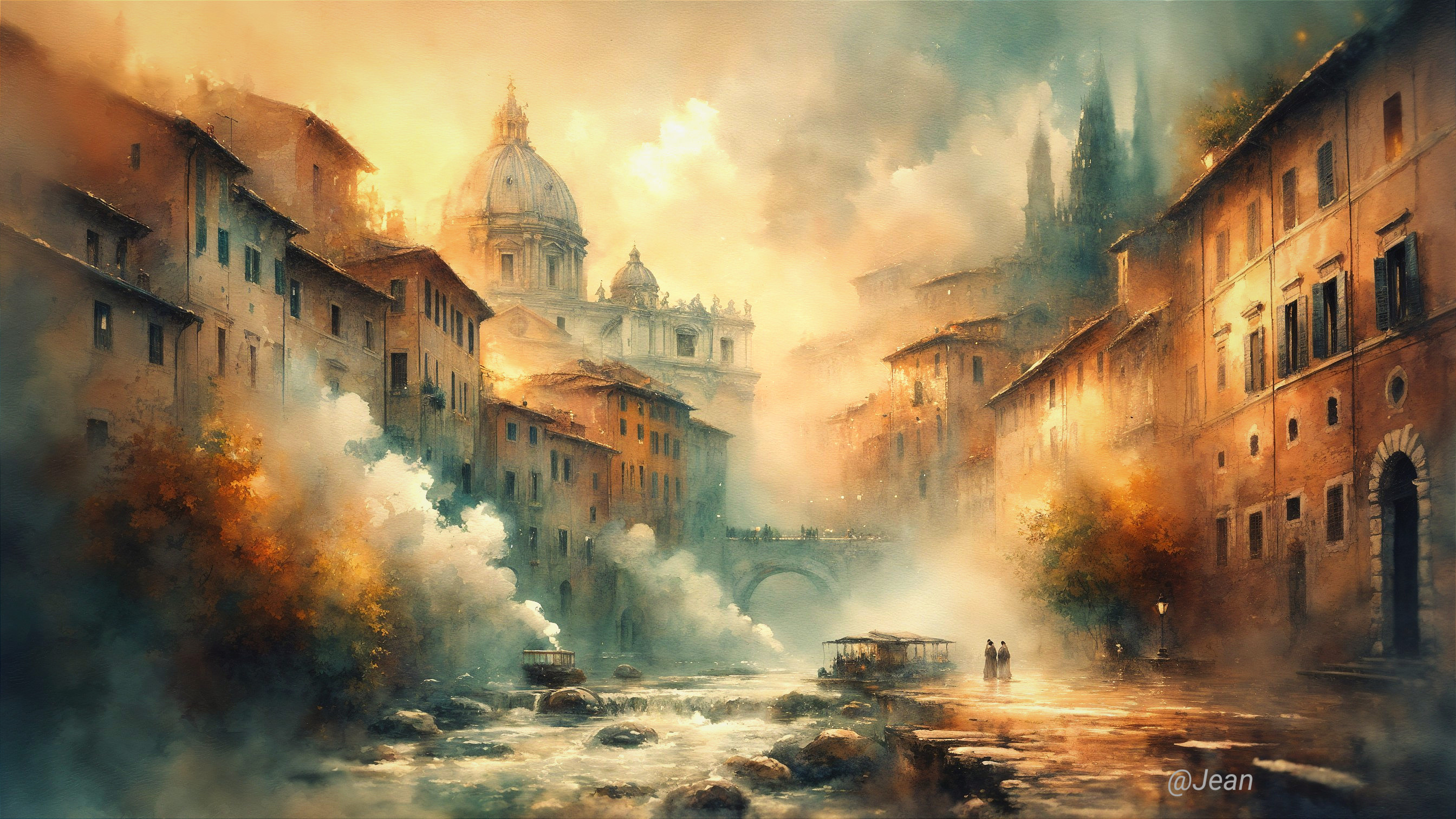 Historic Cityscape with Golden Light and River Mist