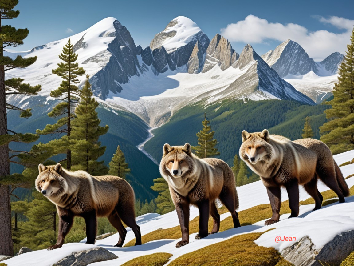 Wolves in Snowy Mountain Landscape with Pine Trees