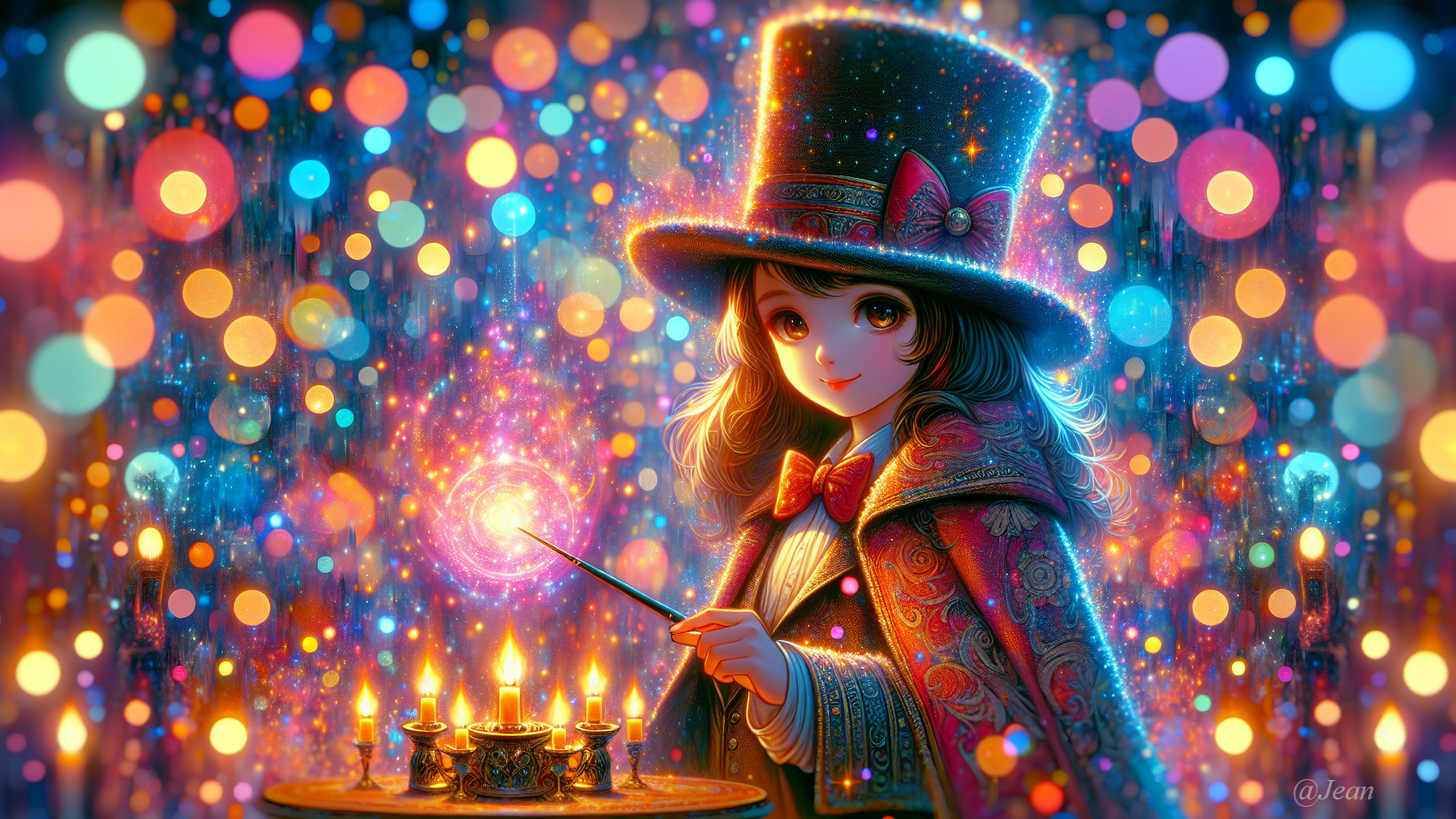 Young magician with wand and glowing candles in bokeh