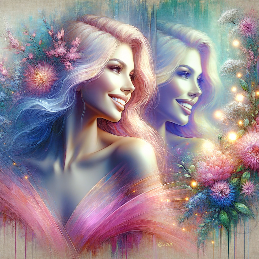 Pastel-Haired Woman in Vibrant Floral Dreamscape