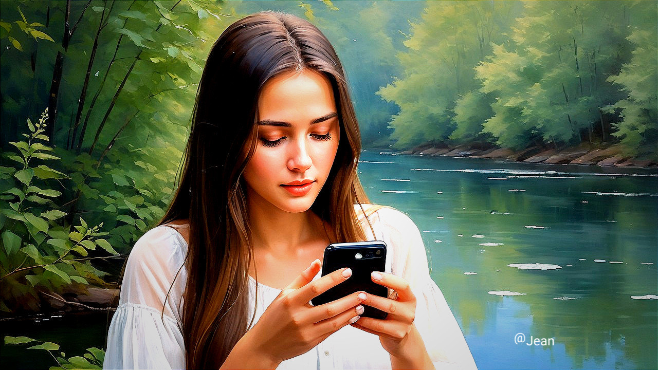 Young woman by river with smartphone in nature