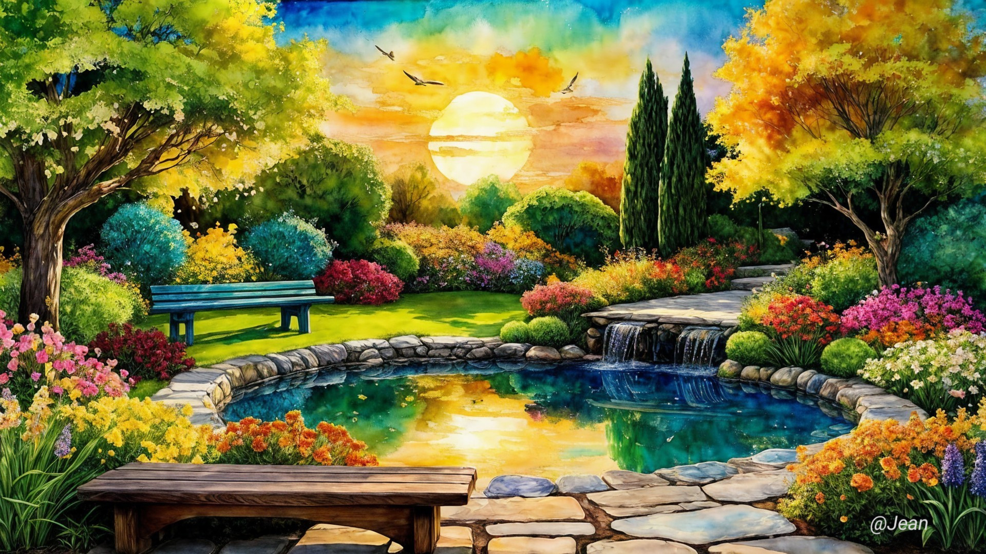 Vibrant Garden Scene at Sunset with Pond and Flowers