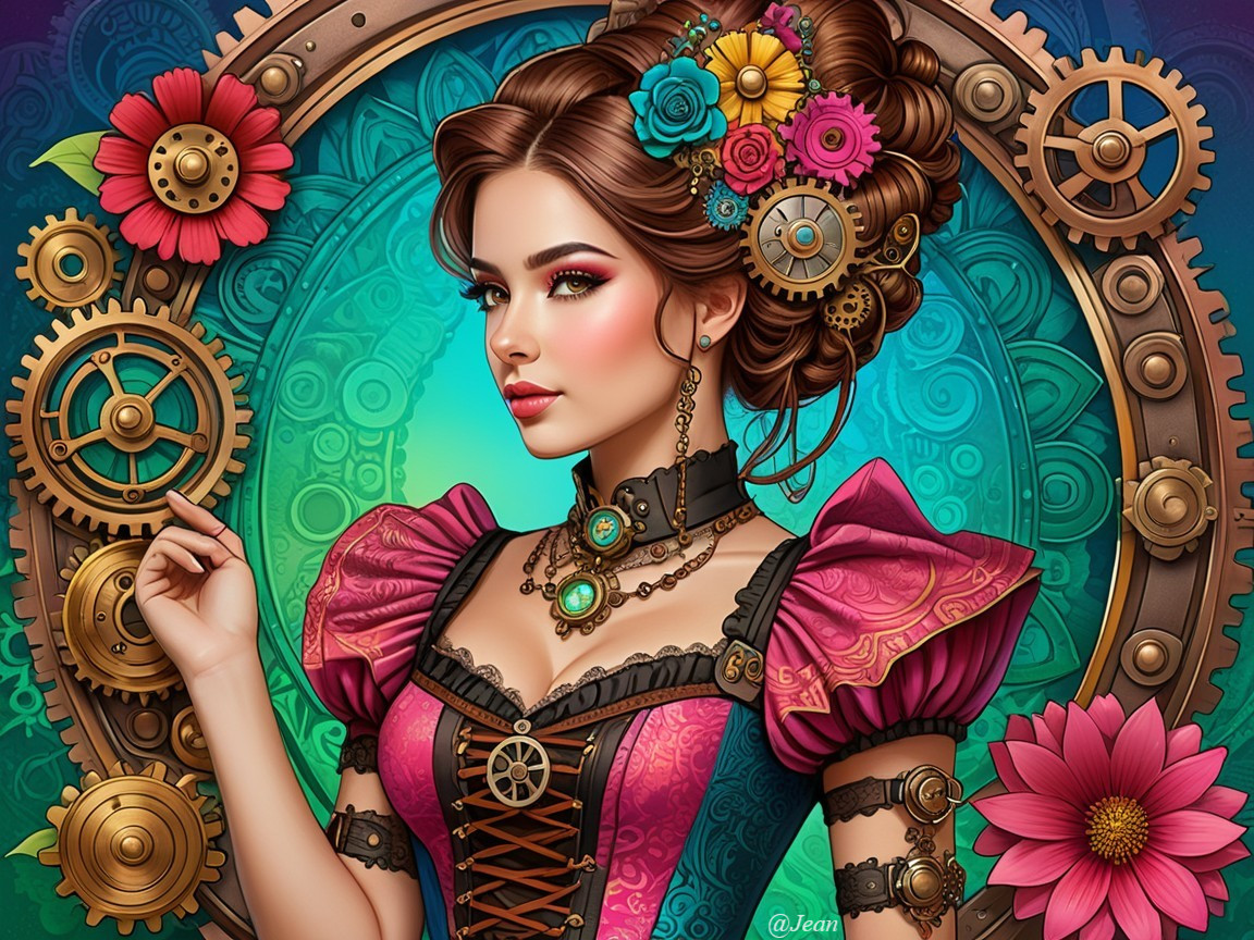 Steampunk Woman in Colorful Outfit Against Ornate Background