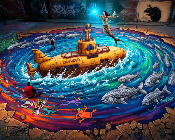 3D Chalk Art of a Whirling Submarine and Mermaid Scene