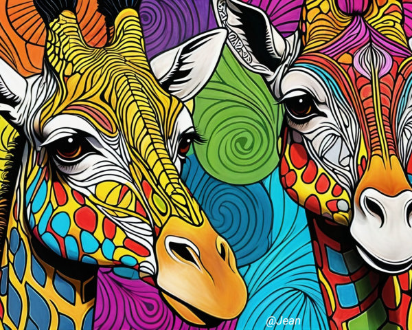 Stylized Giraffes with Vibrant Patterns and Colors