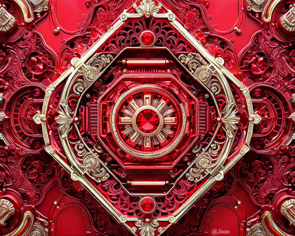 Intricate Circular Design with Red and Gold Patterns