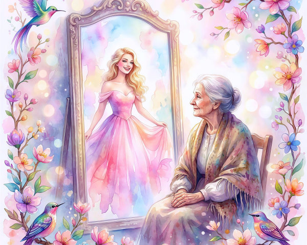 Watercolor of an old woman with youthful reflection