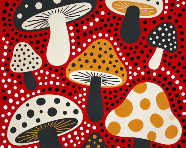 Stylized Mushrooms Illustration on Red Background