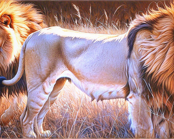 Majestic Lions in Golden Grassland Landscape