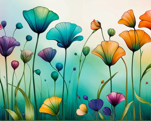 Stylized Flowers in a Dreamy Pastel Landscape